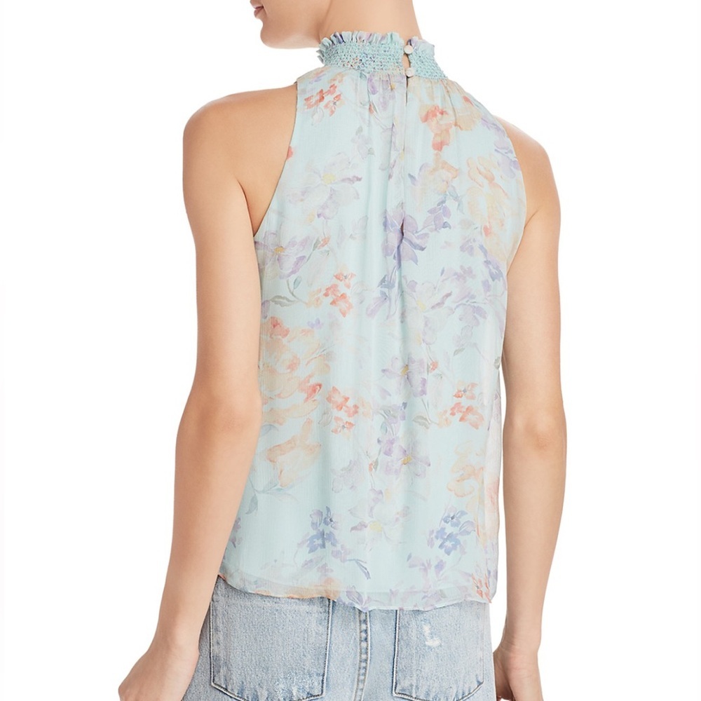 Alice + Olivia Floral Smocked High Neck Blouse Blue Sleeveless Small - Picture 9 of 12
